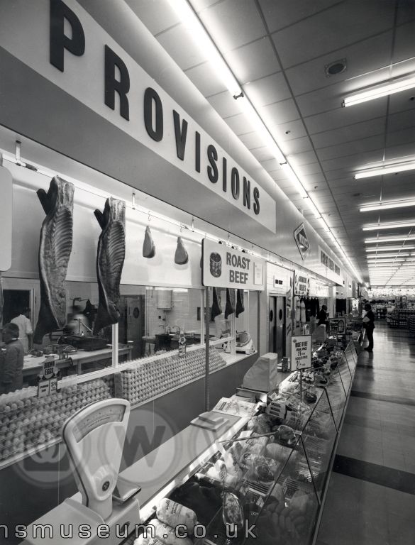 Woolco hired seasoned butchers to offer a full range of meat, with the joints prepared in-store and, where necessary, cut to order.  The modern, hygienic displays complemented a wide range of groceries and fresh provisions which were also sold in-store.