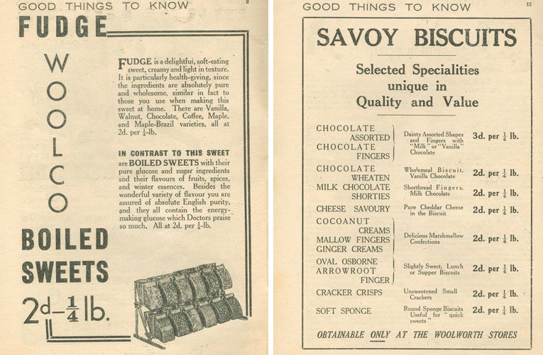 Woolco Boiled Sweets (tuppence a quarter pound) and Savoy Biscuits, sold pic'n'mix style at Woolworth's in 1938