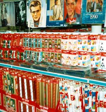 Wrapping paper, gift tags and calendars on sale in the Woolworths Store in Market Place, Kingston-upon-Thames, South West London in 1989. (Image with special thanks to Mr. Andy Hayzelden)