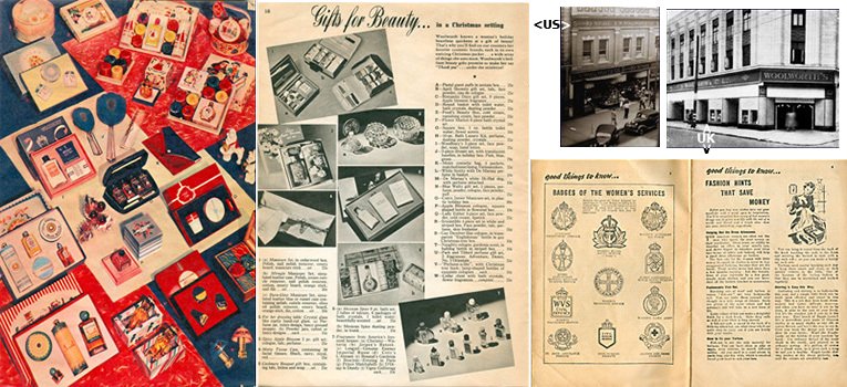 Example spreads from the 1939 Woolworth catalogues published in the USA and the UK, with photographs of the York PA and Hammersmith, London stores inset.