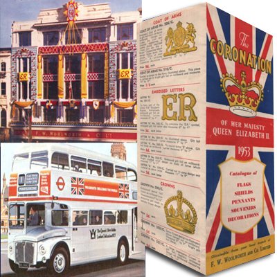 Woolworths marking the Coronation and Silver Jubilee of Her Majesty Queen Elizabeth II (clockwise: Coronation mementoes brochure, the Oxford Street, London flagship store dressed for the Coronation, and a Silver Jubilee London Routemaster bus in Woolworth livery