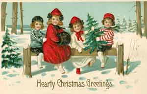 An early colour Christmas card sold in Woolworth stores in the USA. It was printed in London.