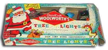 A string of seven bakelite Christmas tree lights for 85 cents from Woolworth's in North America in the late 1930s