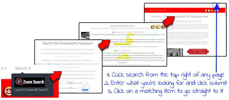 A graphic showing our Zoom 8 ® Search Engine in use. There are three simple steps, first, click search and enter some criteria, second, review the results after clicking submit and finally, click on a result that is of interests to review it. You can use the go back function in your browser to return to the results if you want to check out more of the matches. There are hints on the search page to help you to find what you're looking for, along with some automated features that will help you in the background.